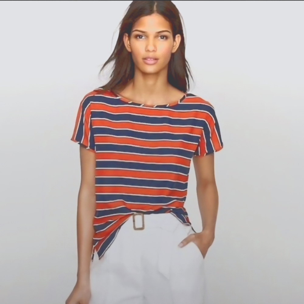 J. Crew 100% Silk Red White and Blue Striped Short Sleeve Top - Size 4